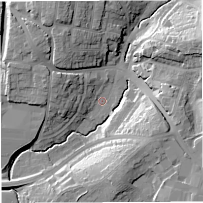 Shaded relief map of the ground around BS45AF, computed from Environment Agency LiDAR. The ground here sits at about 26 m above sea level and falls 28 m across the surrounding 800 m. Surface water reaching this point runs off ground lying to the east-south-east, 24.4 m higher.