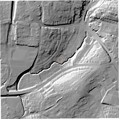 Shaded relief map of the ground around BS45AG, computed from Environment Agency LiDAR. The ground here sits at about 26 m above sea level and falls 27 m across the surrounding 800 m. Surface water reaching this point runs off ground lying to the south-east, 23.9 m higher.