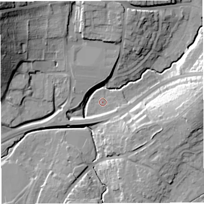 Shaded relief map of the ground around BS45AP, computed from Environment Agency LiDAR. The ground here sits at about 28 m above sea level and falls 39 m across the surrounding 800 m. Surface water reaching this point runs off ground lying to the south-south-west, 4.9 m higher.