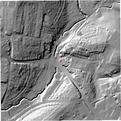 Shaded relief map of the ground around BS45BG, computed from Environment Agency LiDAR. The ground here sits at about 30 m above sea level and falls 32 m across the surrounding 800 m. Surface water reaching this point runs off ground lying to the east-south-east, 27.5 m higher.