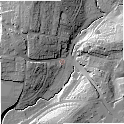 Shaded relief map of the ground around BS45BL, computed from Environment Agency LiDAR. The ground here sits at about 27 m above sea level and falls 28 m across the surrounding 800 m. Surface water reaching this point runs off ground lying to the east-north-east, 25.6 m higher.