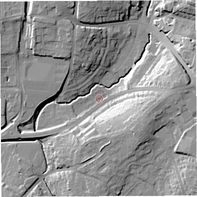 Shaded relief map of the ground around BS45BP, computed from Environment Agency LiDAR. The ground here sits at about 26 m above sea level and falls 26 m across the surrounding 800 m. Surface water reaching this point runs off ground lying to the east-south-east, 22.0 m higher.