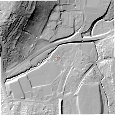 Shaded relief map of the ground around BS45DJ, computed from Environment Agency LiDAR. The ground here sits at about 30 m above sea level and falls 54 m across the surrounding 800 m. Surface water reaching this point runs off ground lying to the south-west, 24.9 m higher.