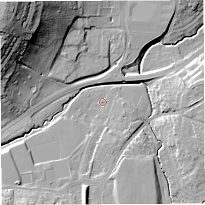 Shaded relief map of the ground around BS45DP, computed from Environment Agency LiDAR. The ground here sits at about 29 m above sea level and falls 56 m across the surrounding 800 m. Surface water reaching this point runs off ground lying to the south-south-west, 15.8 m higher.