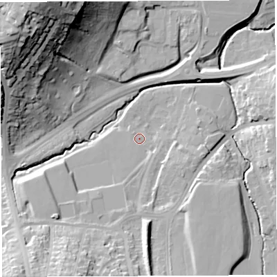 Shaded relief map of the ground around BS45DR, computed from Environment Agency LiDAR. The ground here sits at about 31 m above sea level and falls 52 m across the surrounding 800 m. Surface water reaching this point runs off ground lying to the south-south-west, 27.5 m higher.