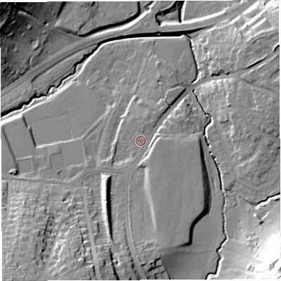 Shaded relief map of the ground around BS45DT, computed from Environment Agency LiDAR. The ground here sits at about 34 m above sea level and falls 40 m across the surrounding 800 m. Surface water reaching this point runs off ground lying to the south-south-east, 3.4 m higher.