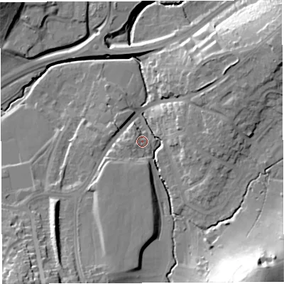 Shaded relief map of the ground around BS45DY, computed from Environment Agency LiDAR. The ground here sits at about 31 m above sea level and falls 41 m across the surrounding 800 m. Surface water reaching this point runs off ground lying to the south-south-west, 6.8 m higher.