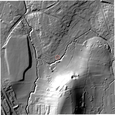 Shaded relief map of the ground around BS45EE, computed from Environment Agency LiDAR. The ground here sits at about 34 m above sea level and falls 44 m across the surrounding 800 m. Surface water reaching this point runs off ground lying to the south-south-east, 37.8 m higher.