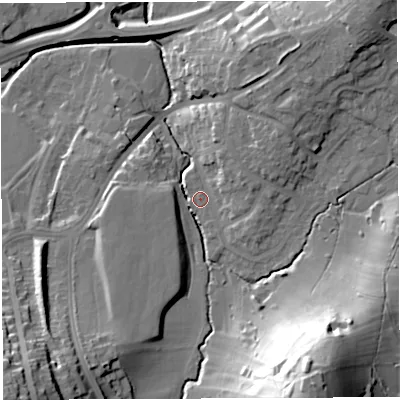 Shaded relief map of the ground around BS45EQ, computed from Environment Agency LiDAR. The ground here sits at about 32 m above sea level and falls 45 m across the surrounding 800 m. Surface water reaching this point runs off ground lying to the south-south-east, 41.1 m higher.