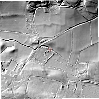 Shaded relief map of the ground around BS481BU, computed from Environment Agency LiDAR. The ground here sits at about 14 m above sea level and falls 46 m across the surrounding 800 m. Surface water reaching this point runs off ground lying to the north-east, 44.8 m higher.