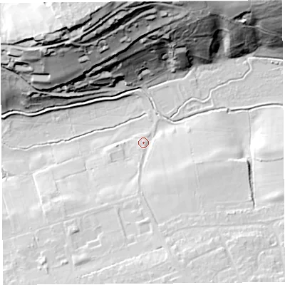 Shaded relief map of the ground around BS481HA, computed from Environment Agency LiDAR. The ground here sits at about 12 m above sea level and falls 56 m across the surrounding 800 m. Surface water reaching this point runs off ground lying to the south-south-east, 13.6 m higher.