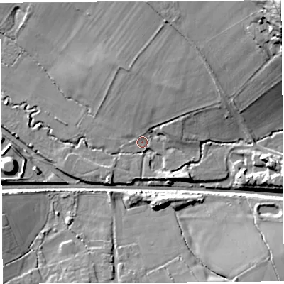 Shaded relief map of the ground around BS481NG, computed from Environment Agency LiDAR. The ground here sits at about 28 m above sea level and falls 52 m across the surrounding 800 m. Surface water reaching this point runs off ground lying to the north-east, 10.6 m higher.