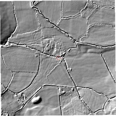 Shaded relief map of the ground around BS483AA, computed from Environment Agency LiDAR. The ground here sits at about 14 m above sea level and falls 8 m across the surrounding 800 m. Surface water reaching this point runs off ground lying to the east-south-east, 4.3 m higher.