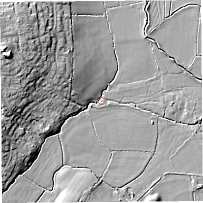 Shaded relief map of the ground around BS483AB, computed from Environment Agency LiDAR. The ground here sits at about 13 m above sea level and falls 17 m across the surrounding 800 m. Surface water reaching this point runs off ground lying to the north-west, 12.6 m higher.