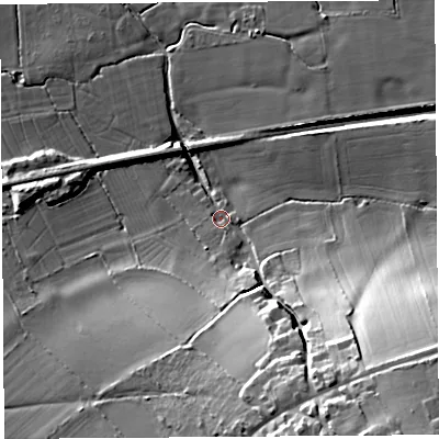 Shaded relief map of the ground around BS483PR, computed from Environment Agency LiDAR. The ground here sits at about 21 m above sea level and falls 44 m across the surrounding 800 m. Surface water reaching this point runs off ground lying to the south-east, 29.2 m higher.