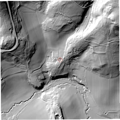 Shaded relief map of the ground around BS483QU, computed from Environment Agency LiDAR. The ground here sits at about 56 m above sea level and falls 113 m across the surrounding 800 m. Surface water reaching this point runs off ground lying to the north-east, 16.4 m higher.