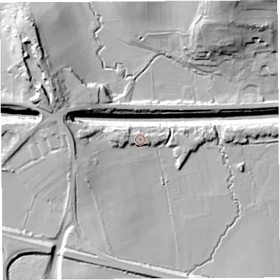 Shaded relief map of the ground around BS483RN, computed from Environment Agency LiDAR. The ground here sits at about 47 m above sea level and falls 39 m across the surrounding 800 m. Surface water reaching this point runs off ground lying to the west, 8.5 m higher.