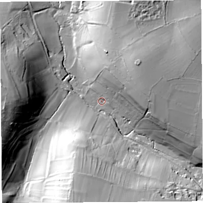 Shaded relief map of the ground around BS483RU, computed from Environment Agency LiDAR. The ground here sits at about 59 m above sea level and falls 56 m across the surrounding 800 m. Surface water reaching this point runs off ground lying to the south-south-west, 48.7 m higher.