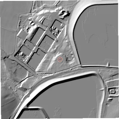 Shaded relief map of the ground around BS483SH, computed from Environment Agency LiDAR. The ground here sits at about 92 m above sea level and falls 33 m across the surrounding 800 m. Surface water reaching this point runs off ground lying to the south-east, 3.1 m higher.
