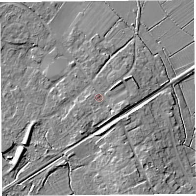 Shaded relief map of the ground around BS494AL, computed from Environment Agency LiDAR. The ground here sits at about 10 m above sea level and falls 9 m across the surrounding 800 m. Surface water reaching this point runs off ground lying to the north-east, 2.8 m higher.