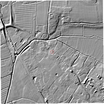 Shaded relief map of the ground around BS494AT, computed from Environment Agency LiDAR. The ground here sits at about 7 m above sea level and falls 11 m across the surrounding 800 m. Surface water reaching this point runs off ground lying to the south-east, 6.0 m higher.