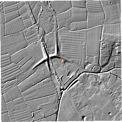 Shaded relief map of the ground around BS494AU, computed from Environment Agency LiDAR. The ground here sits at about 6 m above sea level and falls 11 m across the surrounding 800 m. Surface water reaching this point runs off ground lying to the west-north-west, 6.7 m higher.