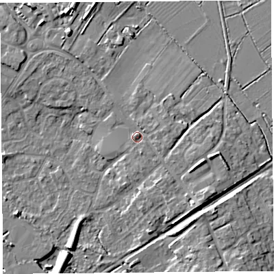 Shaded relief map of the ground around BS494AW, computed from Environment Agency LiDAR. The ground here sits at about 10 m above sea level and falls 9 m across the surrounding 800 m. Surface water reaching this point runs off ground lying to the east-south-east, 3.6 m higher.