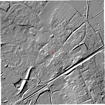 Shaded relief map of the ground around BS494AY, computed from Environment Agency LiDAR. The ground here sits at about 9 m above sea level and falls 9 m across the surrounding 800 m. Surface water reaching this point runs off ground lying to the east-south-east, 2.6 m higher.