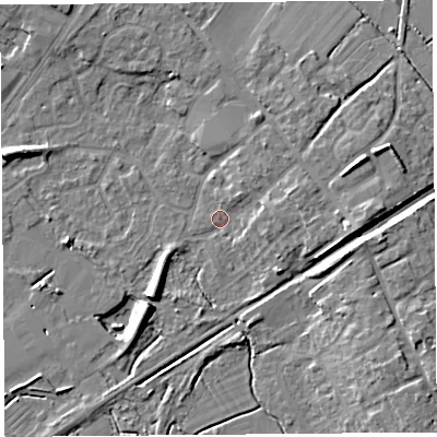 Shaded relief map of the ground around BS494AZ, computed from Environment Agency LiDAR. The ground here sits at about 6 m above sea level and falls 9 m across the surrounding 800 m. Surface water reaching this point runs off ground lying to the south-west, 6.6 m higher.