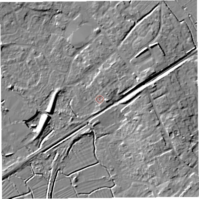 Shaded relief map of the ground around BS494BD, computed from Environment Agency LiDAR. The ground here sits at about 7 m above sea level and falls 9 m across the surrounding 800 m. Surface water reaching this point runs off ground lying to the north-east, 4.2 m higher.