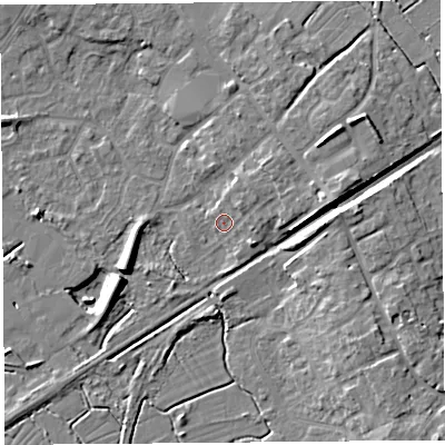 Shaded relief map of the ground around BS494BE, computed from Environment Agency LiDAR. The ground here sits at about 7 m above sea level and falls 9 m across the surrounding 800 m. Surface water reaching this point runs off ground lying to the east-north-east, 3.9 m higher.