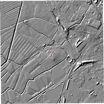 Shaded relief map of the ground around BS494BH, computed from Environment Agency LiDAR. The ground here sits at about 7 m above sea level and falls 8 m across the surrounding 800 m. Surface water reaching this point runs off ground lying to the south-south-west, 2.0 m higher.