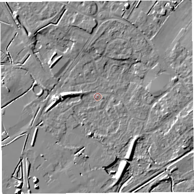 Shaded relief map of the ground around BS494BJ, computed from Environment Agency LiDAR. The ground here sits at about 6 m above sea level and falls 9 m across the surrounding 800 m. Surface water reaching this point runs off ground lying to the south-south-east, 7.0 m higher.