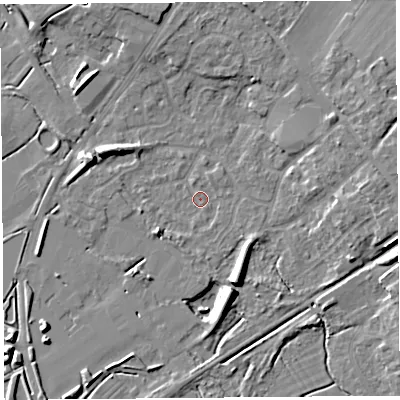 Shaded relief map of the ground around BS494BL, computed from Environment Agency LiDAR. The ground here sits at about 6 m above sea level and falls 9 m across the surrounding 800 m. Surface water reaching this point runs off ground lying to the south-south-east, 6.5 m higher.