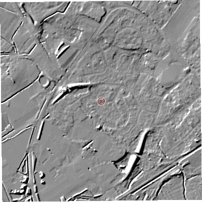 Shaded relief map of the ground around BS494BN, computed from Environment Agency LiDAR. The ground here sits at about 6 m above sea level and falls 9 m across the surrounding 800 m. Surface water reaching this point runs off ground lying to the south-east, 7.0 m higher.
