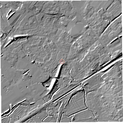 Shaded relief map of the ground around BS494BP, computed from Environment Agency LiDAR. The ground here sits at about 6 m above sea level and falls 9 m across the surrounding 800 m. Surface water reaching this point runs off ground lying to the south-west, 1.2 m higher.