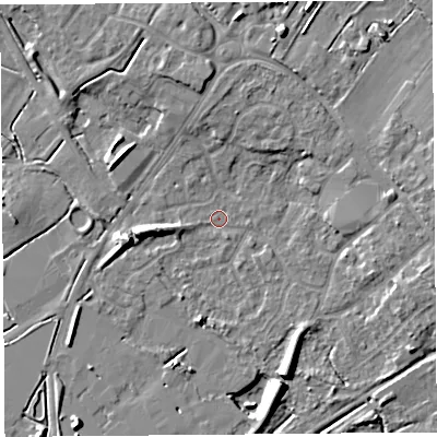 Shaded relief map of the ground around BS494BQ, computed from Environment Agency LiDAR. The ground here sits at about 6 m above sea level and falls 9 m across the surrounding 800 m. Surface water reaching this point runs off ground lying to the west-south-west, 5.5 m higher.