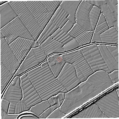 Shaded relief map of the ground around BS494BT, computed from Environment Agency LiDAR. The ground here sits at about 6 m above sea level and falls 4 m across the surrounding 800 m. Surface water reaching this point runs off ground lying to the west-south-west, 0.6 m higher.