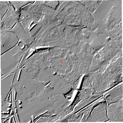 Shaded relief map of the ground around BS494BW, computed from Environment Agency LiDAR. The ground here sits at about 6 m above sea level and falls 9 m across the surrounding 800 m. Surface water reaching this point runs off ground lying to the south-south-east, 7.0 m higher.