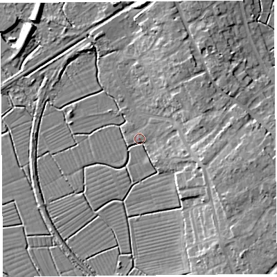 Shaded relief map of the ground around BS494BY, computed from Environment Agency LiDAR. The ground here sits at about 6 m above sea level and falls 11 m across the surrounding 800 m. Surface water reaching this point runs off ground lying to the east, 7.9 m higher.