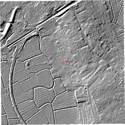 Shaded relief map of the ground around BS494BZ, computed from Environment Agency LiDAR. The ground here sits at about 6 m above sea level and falls 11 m across the surrounding 800 m. Surface water reaching this point runs off ground lying to the east-south-east, 6.5 m higher.