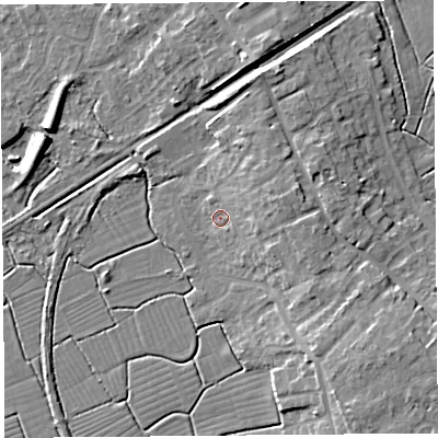 Shaded relief map of the ground around BS494DE, computed from Environment Agency LiDAR. The ground here sits at about 7 m above sea level and falls 11 m across the surrounding 800 m. Surface water reaching this point runs off ground lying to the east, 5.5 m higher.