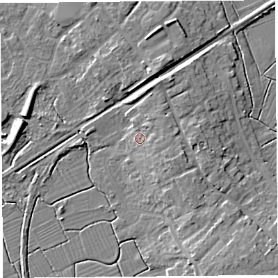 Shaded relief map of the ground around BS494DF, computed from Environment Agency LiDAR. The ground here sits at about 9 m above sea level and falls 11 m across the surrounding 800 m. Surface water reaching this point runs off ground lying to the east, 2.8 m higher.