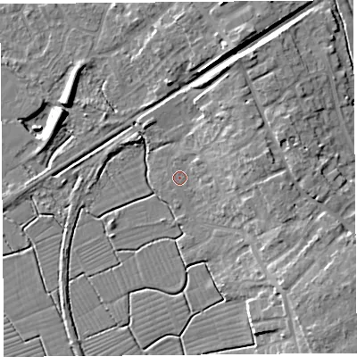 Shaded relief map of the ground around BS494DG, computed from Environment Agency LiDAR. The ground here sits at about 6 m above sea level and falls 11 m across the surrounding 800 m. Surface water reaching this point runs off ground lying to the east-north-east, 6.3 m higher.