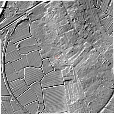 Shaded relief map of the ground around BS494DL, computed from Environment Agency LiDAR. The ground here sits at about 7 m above sea level and falls 10 m across the surrounding 800 m. Surface water reaching this point runs off ground lying to the east-south-east, 3.5 m higher.