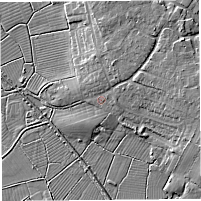 Shaded relief map of the ground around BS494EU, computed from Environment Agency LiDAR. The ground here sits at about 9 m above sea level and falls 10 m across the surrounding 800 m. Surface water reaching this point runs off ground lying to the north-east, 5.5 m higher.