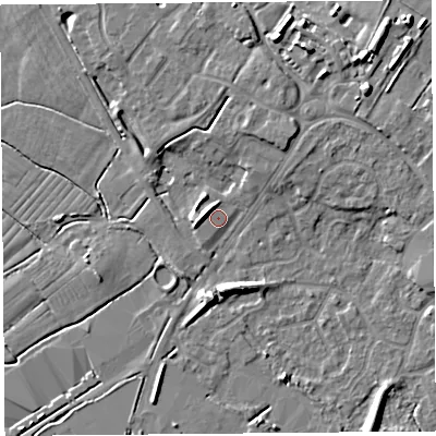 Shaded relief map of the ground around BS494FG, computed from Environment Agency LiDAR. The ground here sits at about 7 m above sea level and falls 8 m across the surrounding 800 m. Surface water reaching this point runs off ground lying to the west, 3.2 m higher.