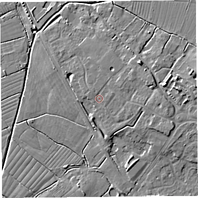 Shaded relief map of the ground around BS494FP, computed from Environment Agency LiDAR. The ground here sits at about 9 m above sea level and falls 10 m across the surrounding 800 m. Surface water reaching this point runs off ground lying to the east-north-east, 1.6 m higher.