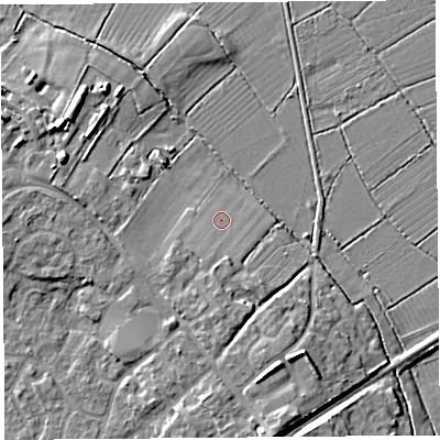 Shaded relief map of the ground around BS494GR, computed from Environment Agency LiDAR. The ground here sits at about 7 m above sea level and falls 8 m across the surrounding 800 m. Surface water reaching this point runs off ground lying to the south-west, 2.2 m higher.