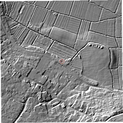 Shaded relief map of the ground around BS494HU, computed from Environment Agency LiDAR. The ground here sits at about 7 m above sea level and falls 17 m across the surrounding 800 m. Surface water reaching this point runs off ground lying to the south-south-east, 12.1 m higher.